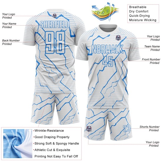 Jersey Sports Lightning Powder Soccer Uniform Sublimation White Custom Blue Jersey Sports Lightning Powder Soccer Uniform Sublimation White Custom Blue